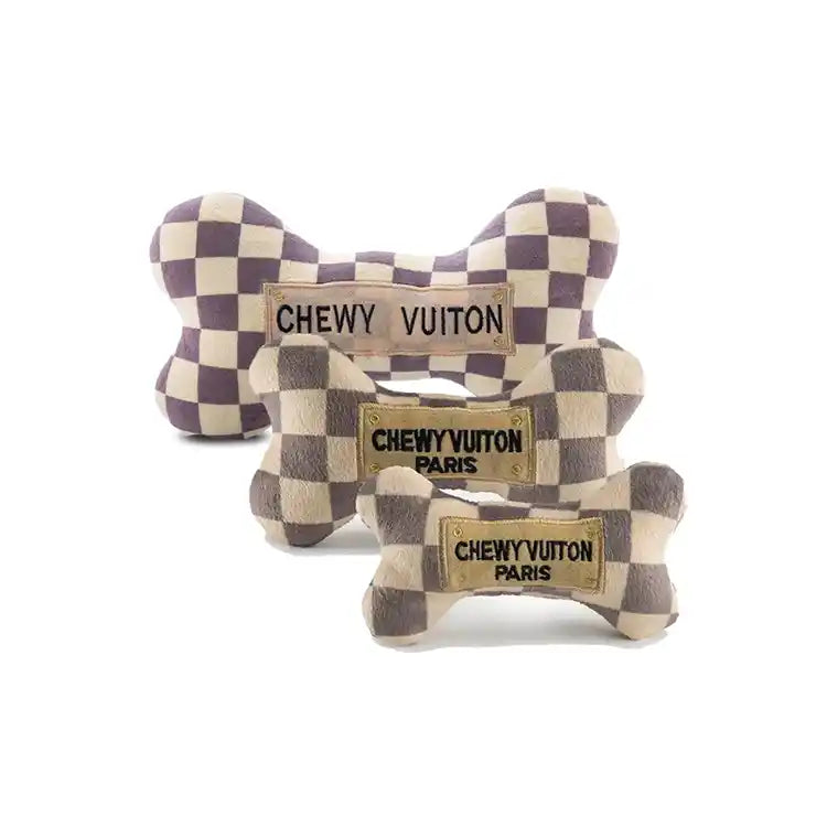 Checker Chewy Vuiton Squeaky Dog Bone Toy